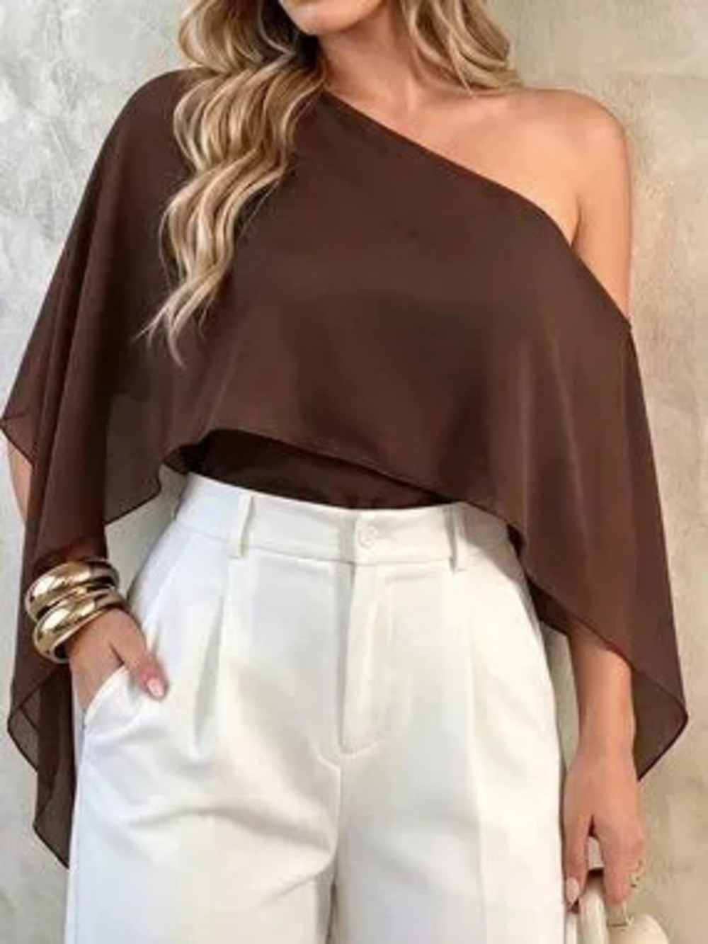 ZARA Brown Casual Women's Asymmetric Hem Slim Fit Plain Cape Top